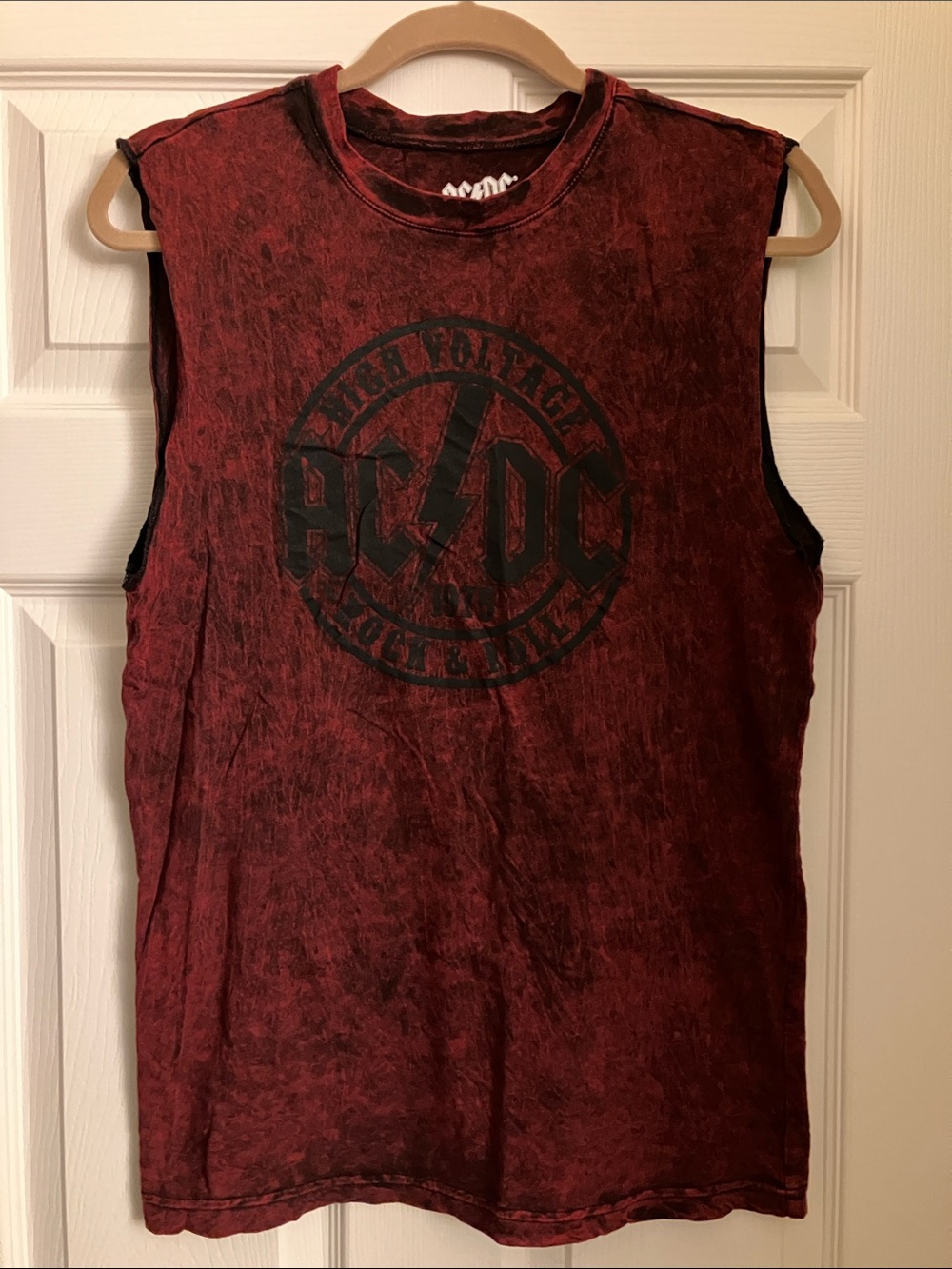 AC/DC Maroon and Black Distressed Muscle Tank Shirt - Small